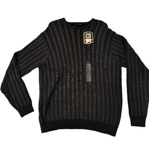 Worthington Women’s Large Sweater Black Gray Striped Ribbed Long Sleeve Pullover